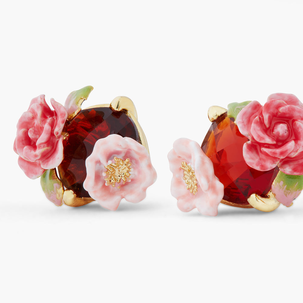 
            
                Load image into Gallery viewer, Wild Rose and Garnet Red Stone Clip-On Earrings
            
        