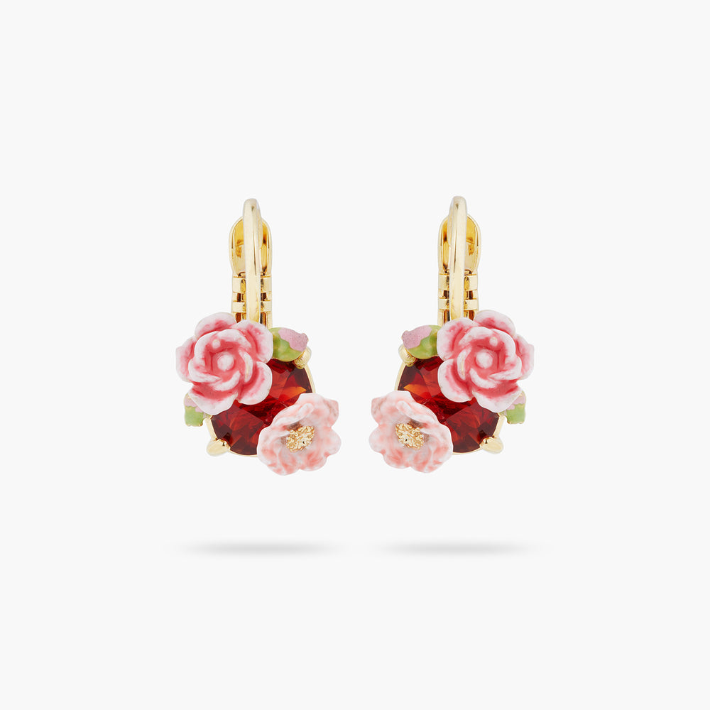 Wild Rose and Garnet Red Stone Sleeper Earrings