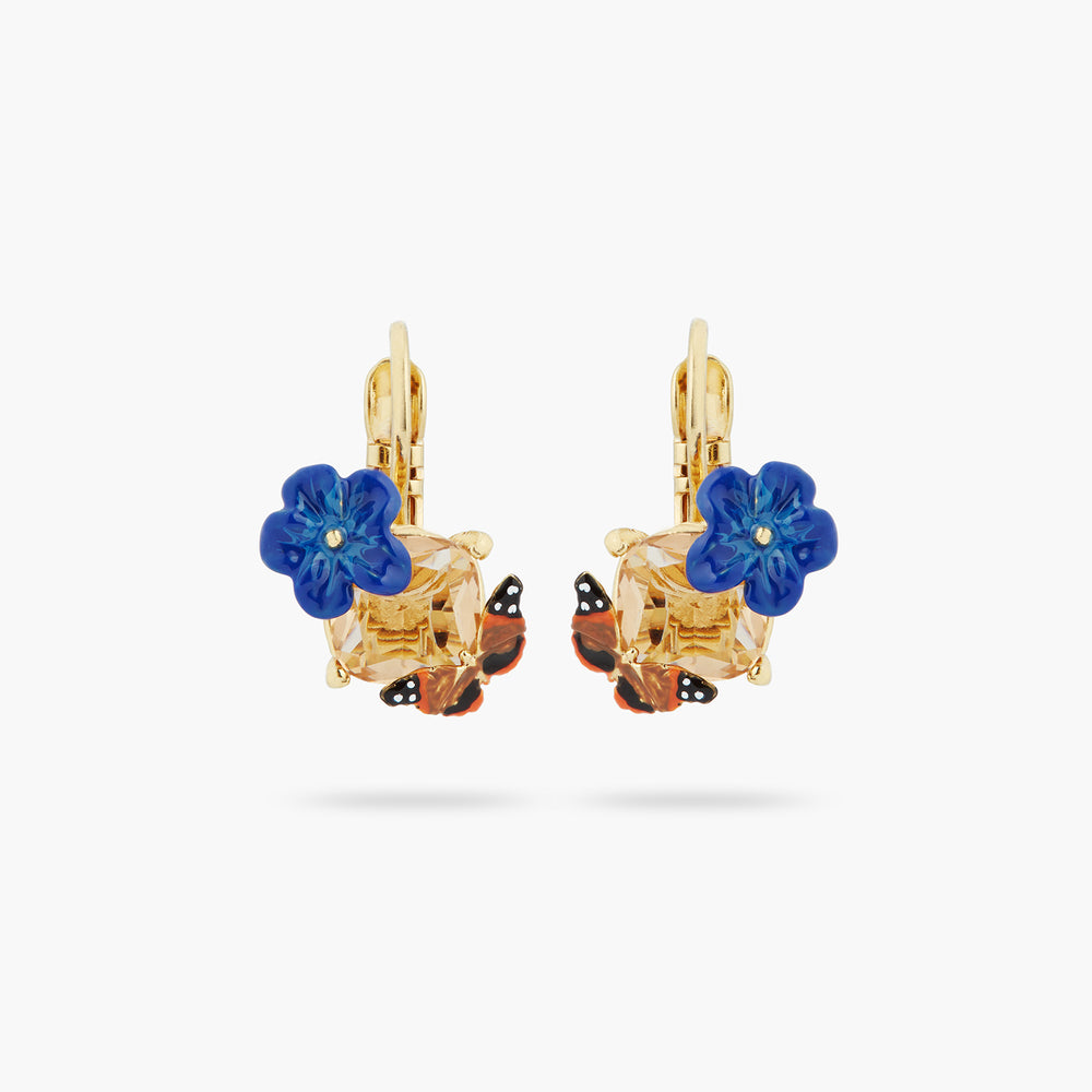 Blue Flax Flower, Faceted Glass and Butterfly Sleeper Earrings