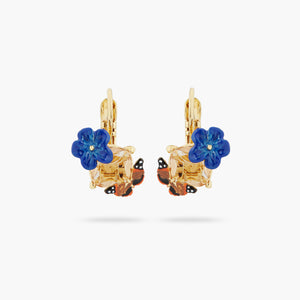Blue Flax Flower, Faceted Glass and Butterfly Sleeper Earrings