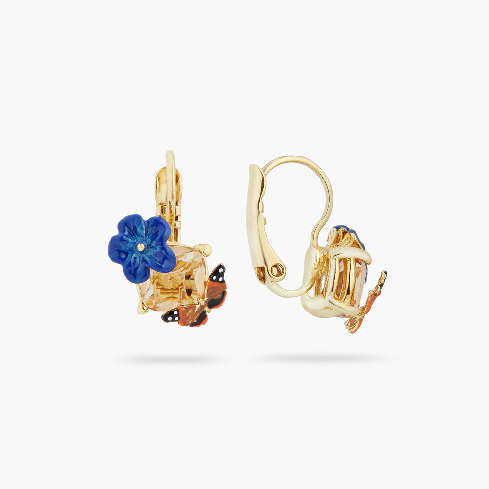 Blue Flax Flower, Faceted Glass and Butterfly Sleeper Earrings