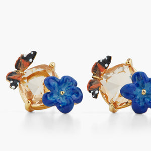 Blue Flax Flower, Faceted Glass and Butterfly Sleeper Earrings