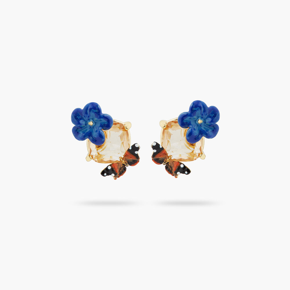 Blue Flax Flower, Faceted Glass and Butterfly Post Earrings