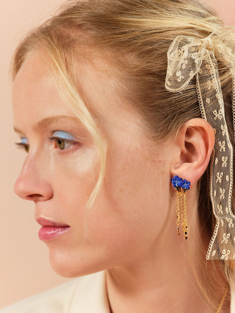 Blue Flax Flowers and Butterfly Dangling Post Earrings