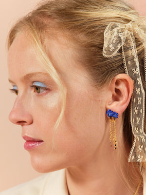 Blue Flax Flowers and Butterfly Dangling Post Earrings