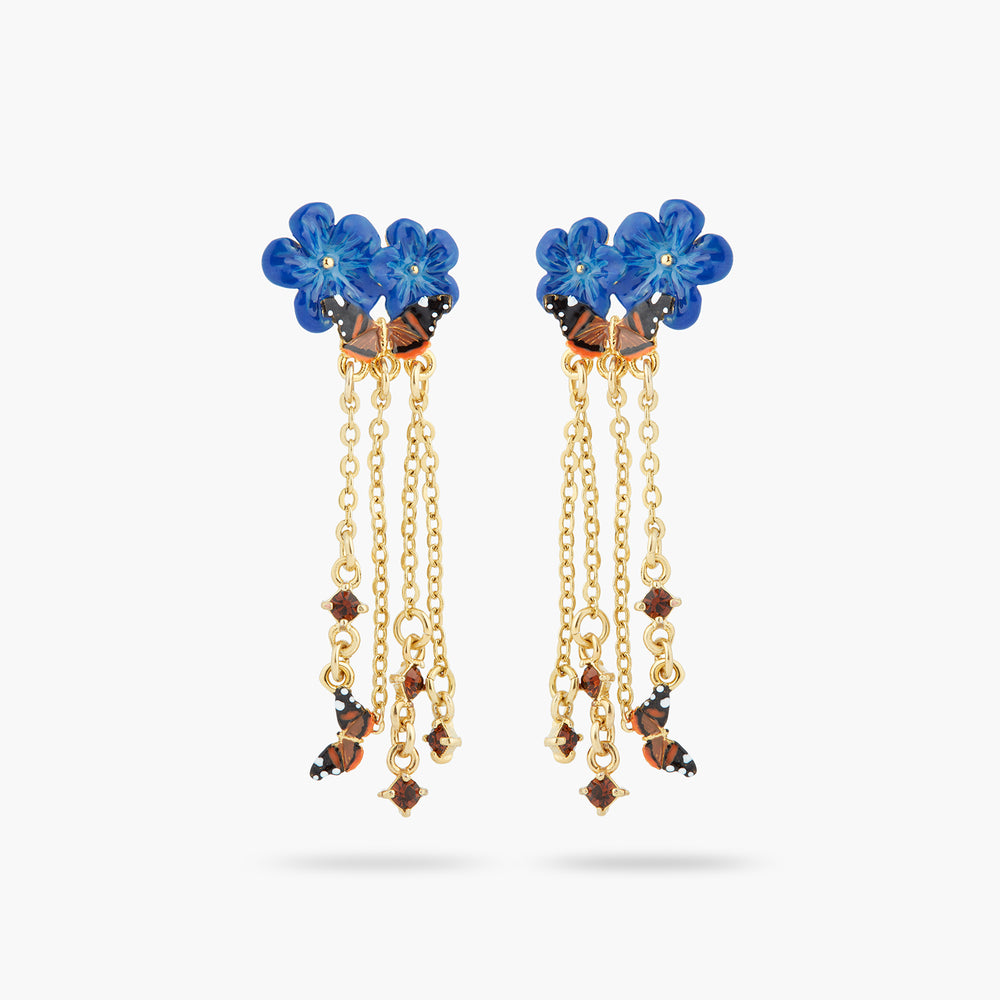 Blue Flax Flowers and Butterfly Dangling Post Earrings