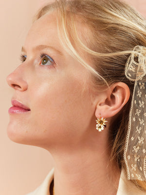 White and Gold Flowers and Faceted Glass Sleeper Earrings