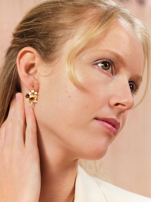 White and Gold Flowers and Faceted Glass Sleeper Earrings