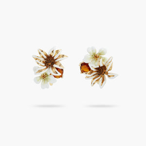 White and Gold Flowers and Faceted Glass Clip-On Earrings