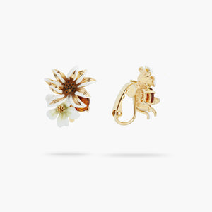 White and Gold Flowers and Faceted Glass Clip-On Earrings