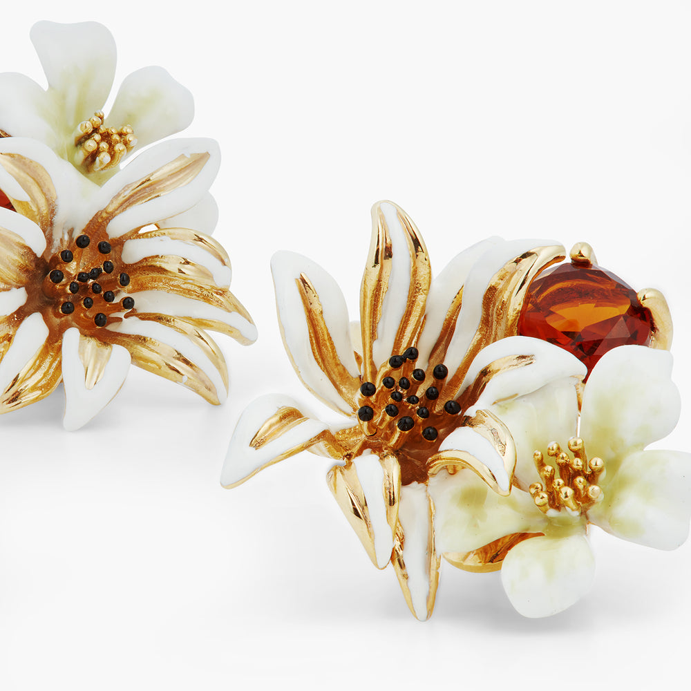 White and Gold Flowers and Faceted Glass Clip-On Earrings