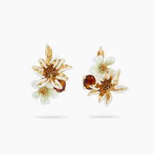 White and Gold Flowers and Faceted Glass Sleeper Earrings