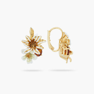 White and Gold Flowers and Faceted Glass Sleeper Earrings
