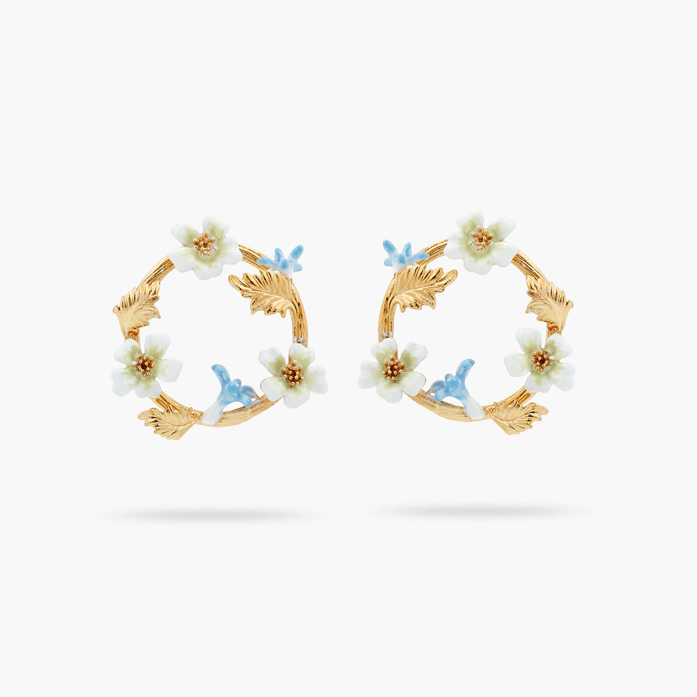 White and Blue Flowers Post Hoop Earrings