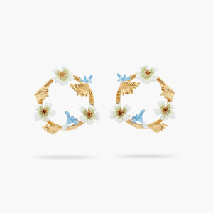 White and Blue Flowers Post Hoop Earrings
