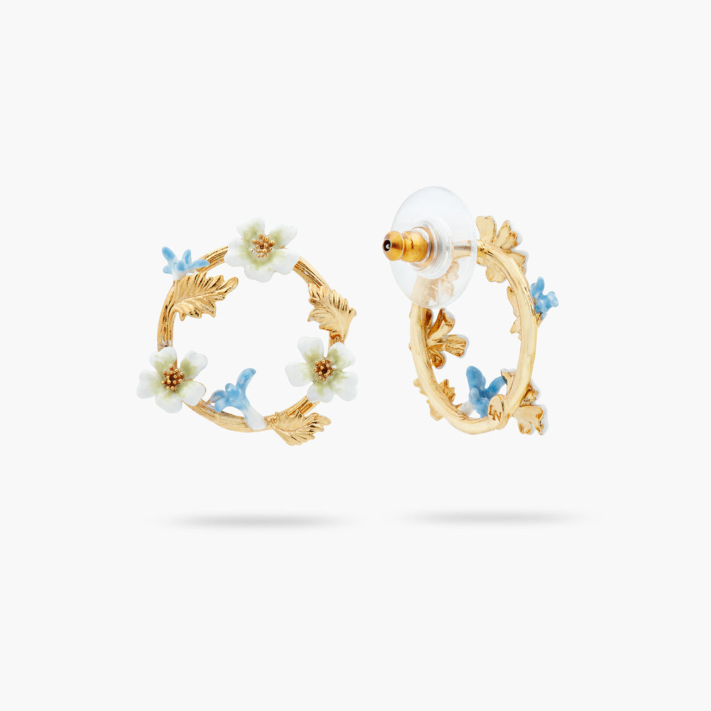 White and Blue Flowers Post Hoop Earrings