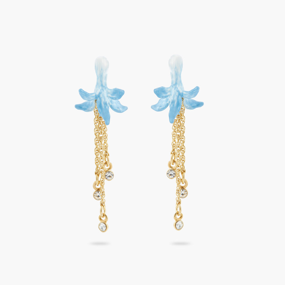 Blue Flower and Crystal Post Dangling Earrings