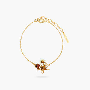 White and Gold Flowers and Round Faceted Glass Stone Fine Bracelet