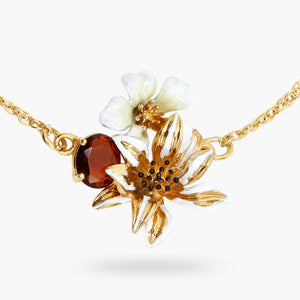 White and Gold Flowers and Round Faceted Glass Stone Fine Bracelet