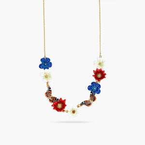 Blue, White and Red Flowers and Butterfly Statement Necklace