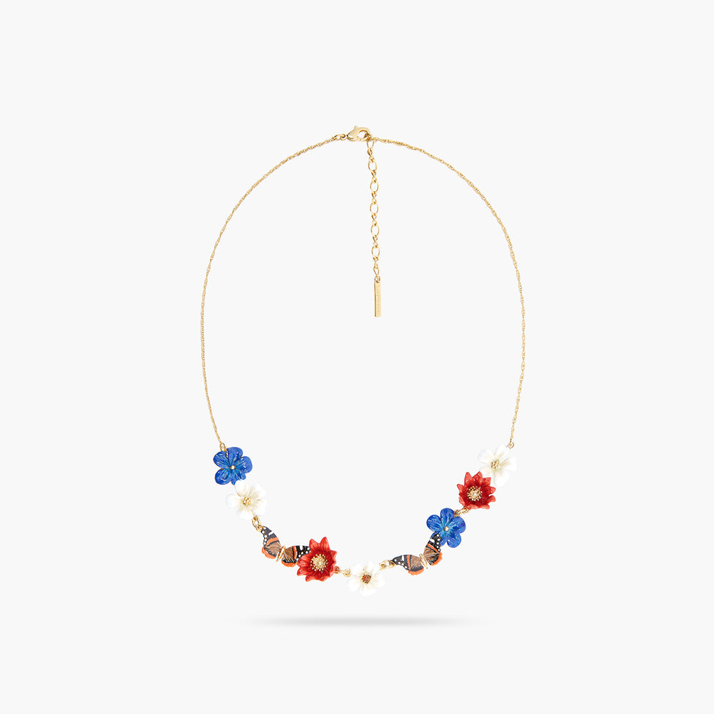 Blue, White and Red Flowers and Butterfly Statement Necklace