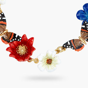 Blue, White and Red Flowers and Butterfly Statement Necklace