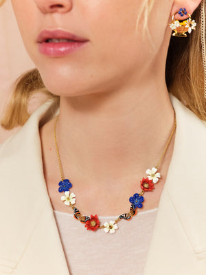 Blue, White and Red Flowers and Butterfly Statement Necklace