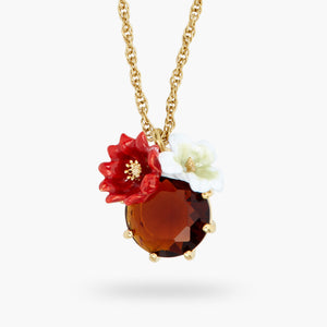 Two Flowers and Faceted Glass Pendant Necklace
