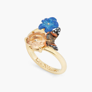 Blue Flax Flower and Butterfly Adjustable Ring