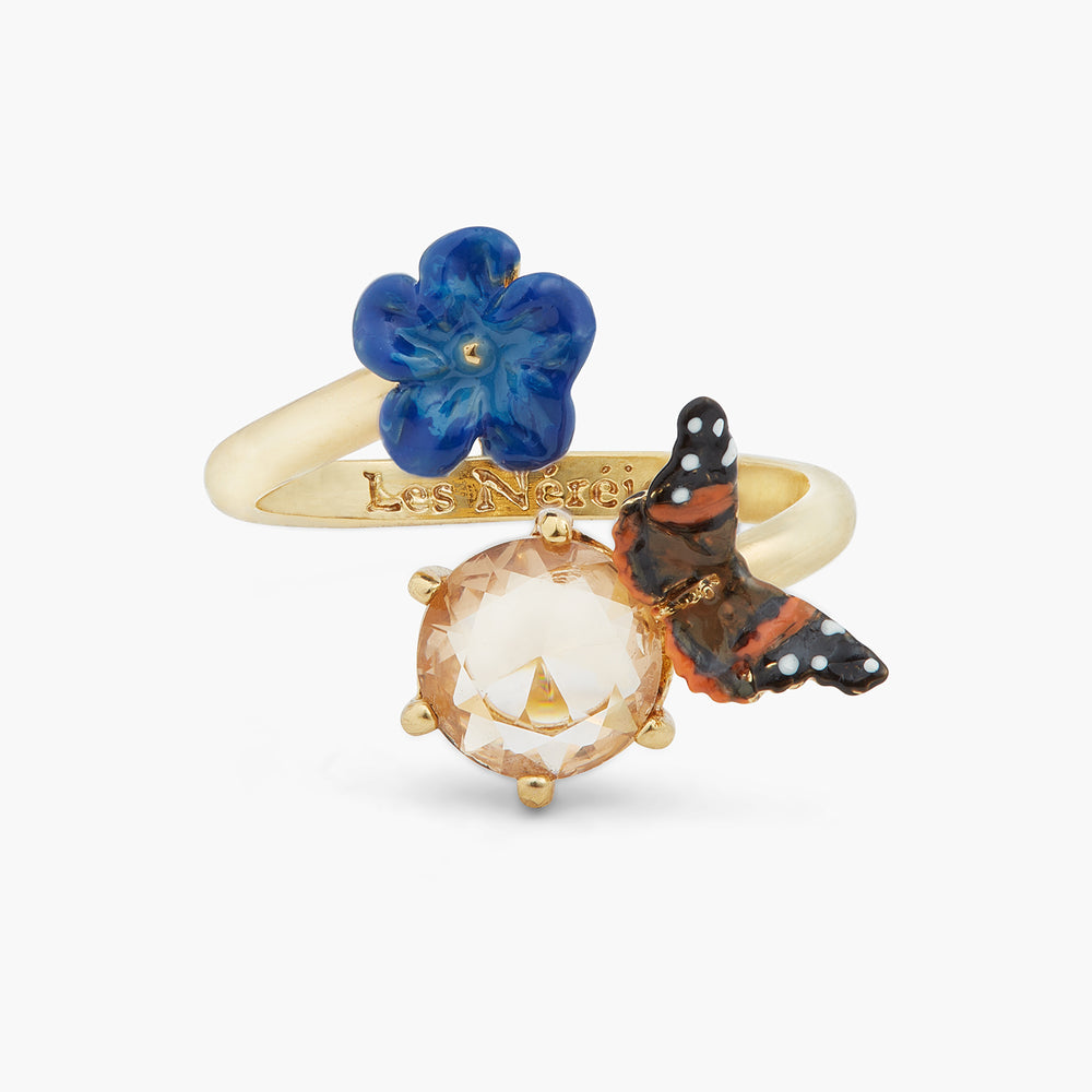 Blue Flax Flower and Butterfly Adjustable Ring