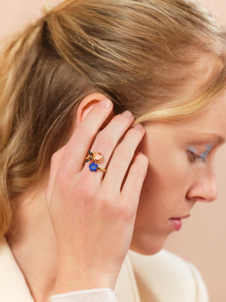 Blue Flax Flower and Butterfly Adjustable Ring