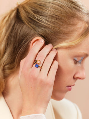 Blue Flax Flower and Butterfly Adjustable Ring