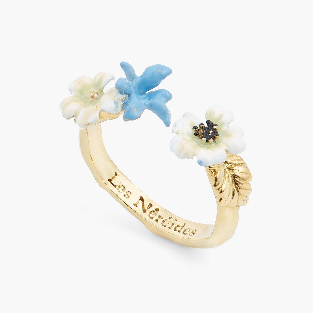 White Flowers and Blue Flower Adjustable Ring