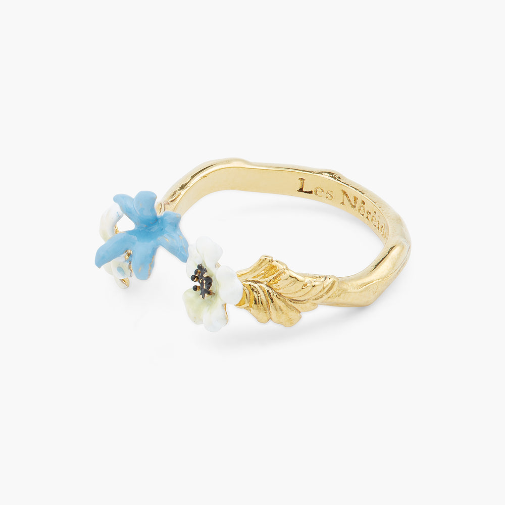 White Flowers and Blue Flower Adjustable Ring