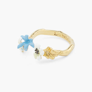 White Flowers and Blue Flower Adjustable Ring