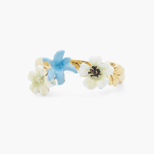 White Flowers and Blue Flower Adjustable Ring