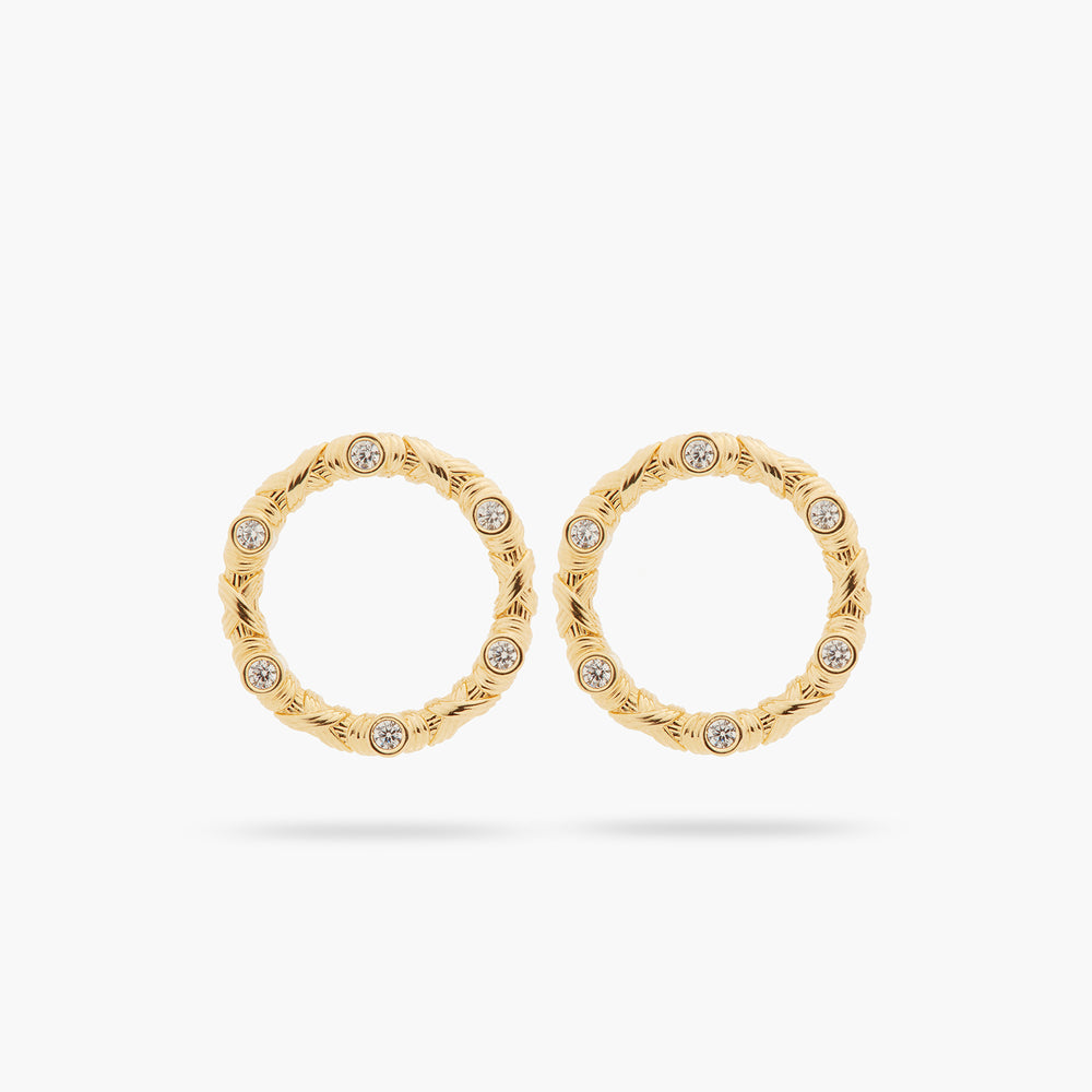 Woven Basketry Circle and Crystal Post Earrings