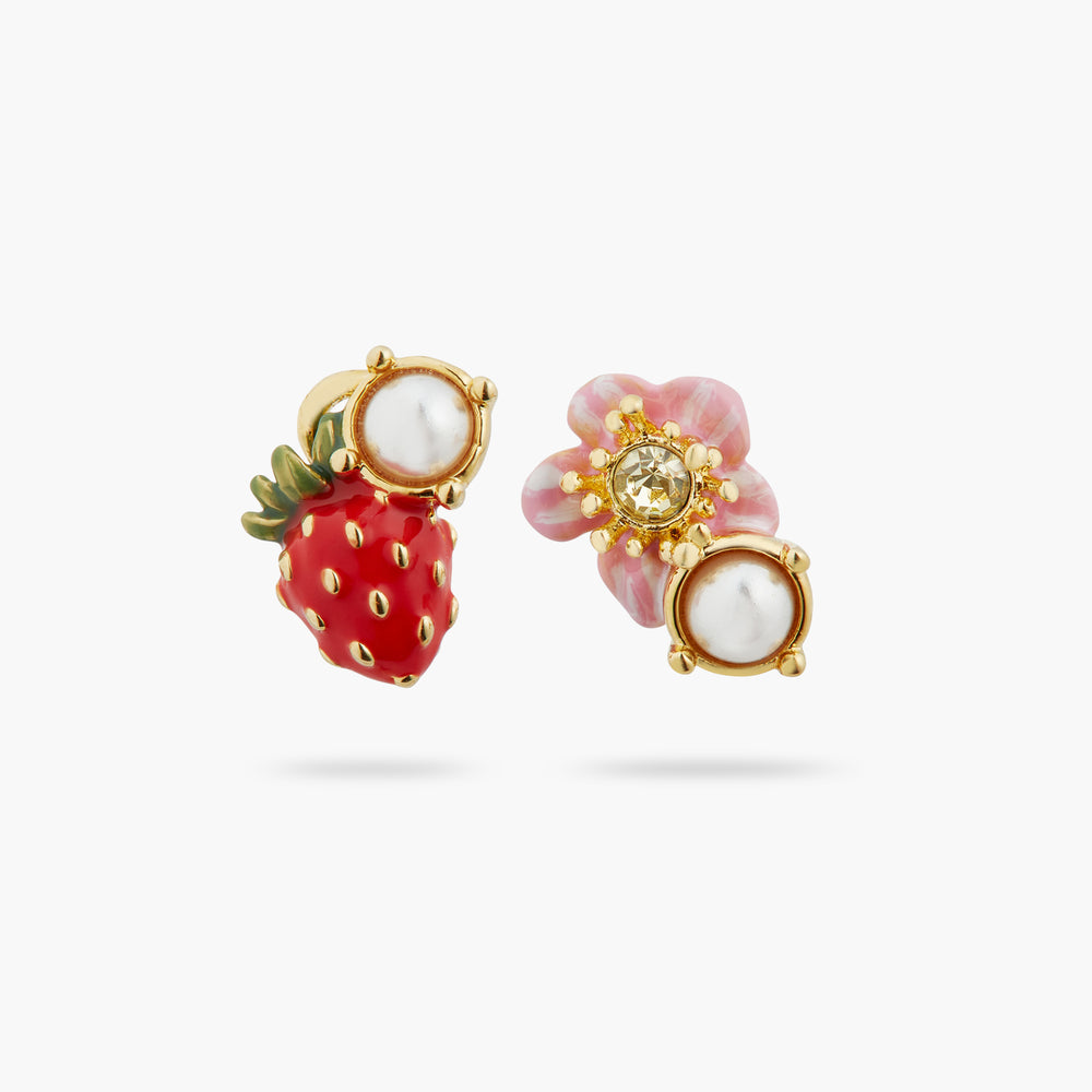 Asymmetrical Wild Strawberry and Pink Flower Post Earrings