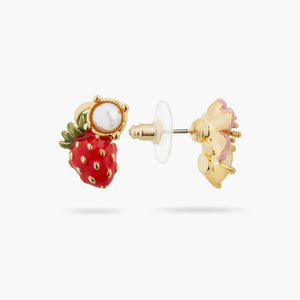 Asymmetrical Wild Strawberry and Pink Flower Post Earrings