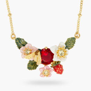 Wild Strawberry, Strawberry Flower and Bumblebee Statement Necklace