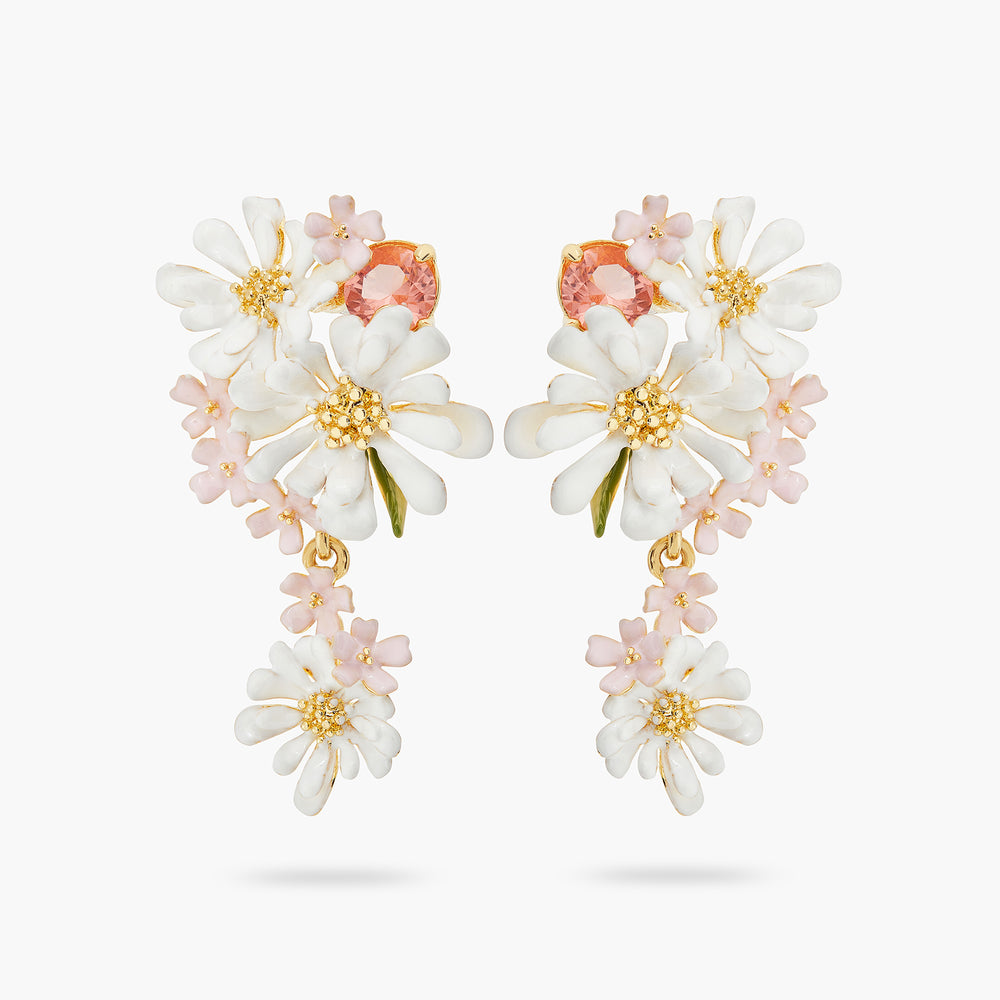 Verbena Flower and Round Stone Dangling Post Earrings