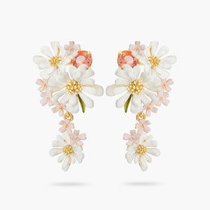 Verbena Flower and Round Stone Dangling Post Earrings