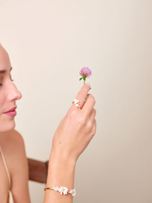 Verbena Flower and Round Stone Adjustable Me and You Ring