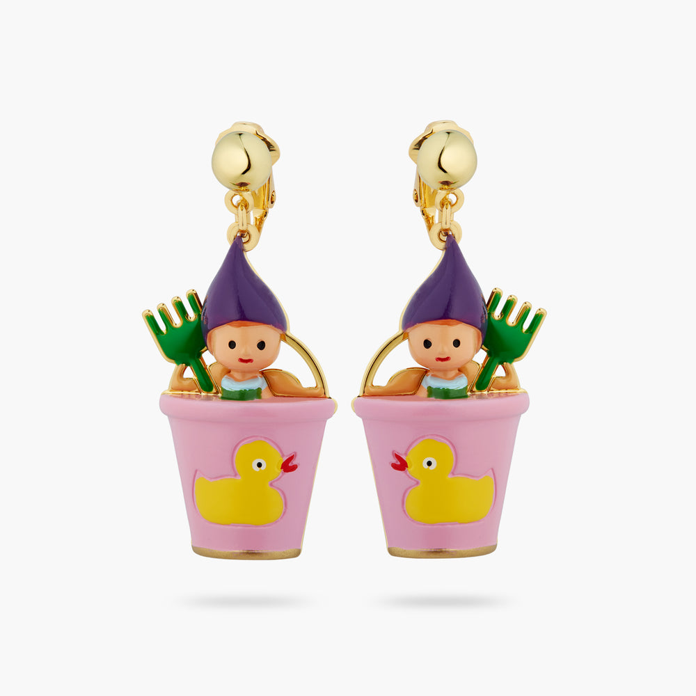 N2 Gnome, Green Rake and Pink Bucket Clip-On Earrings