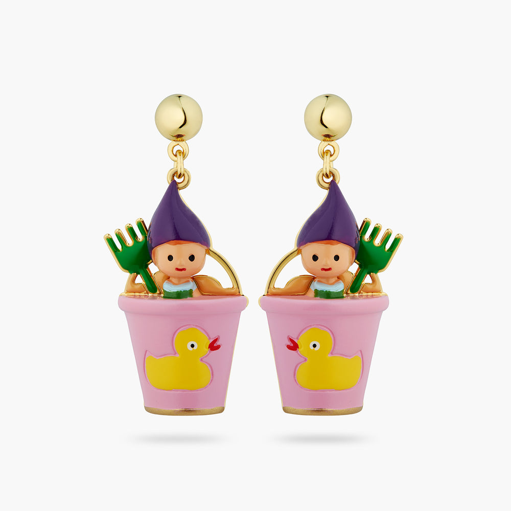 N2 Gnome, Green Rake and Pink Bucket Post Earrings