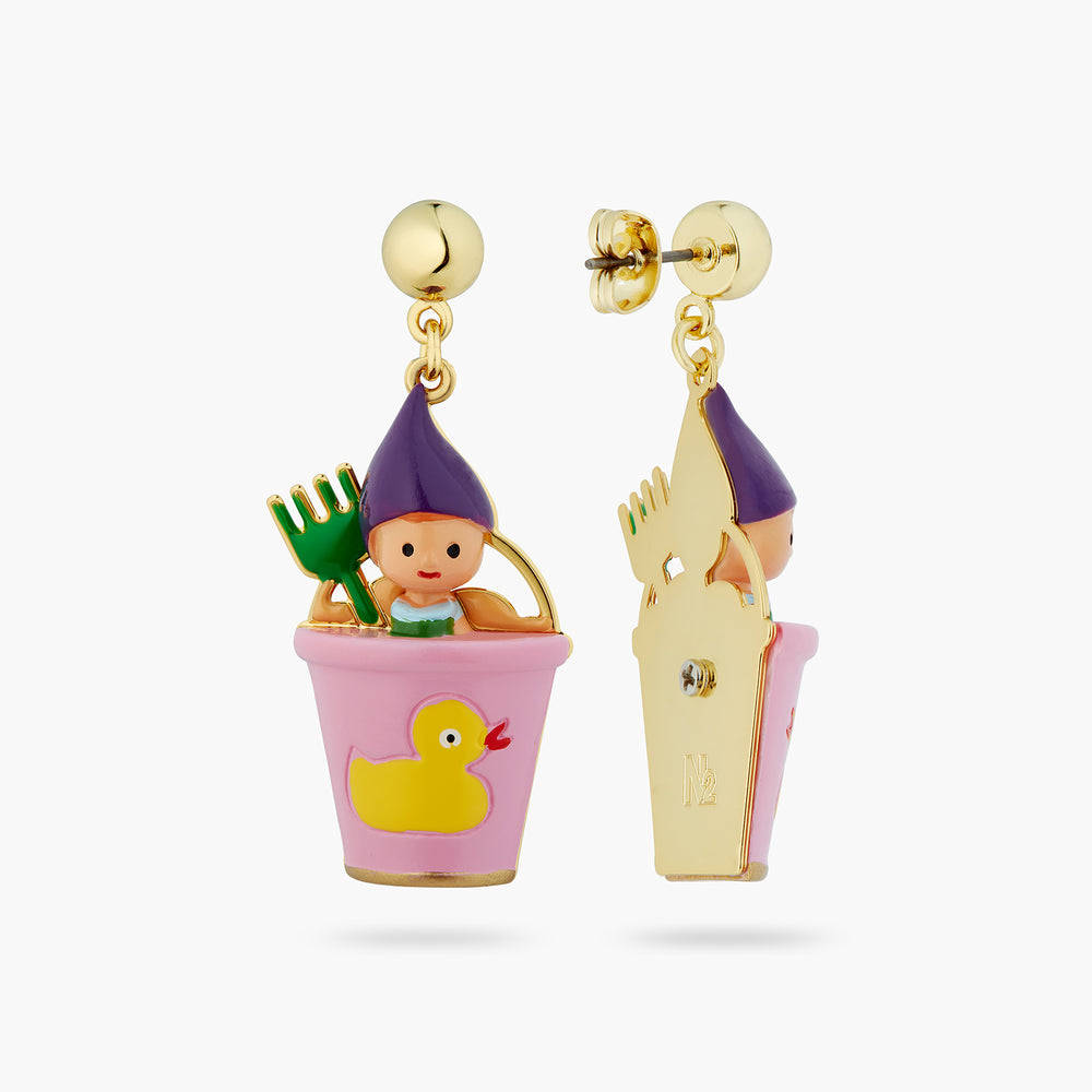 N2 Gnome, Green Rake and Pink Bucket Post Earrings