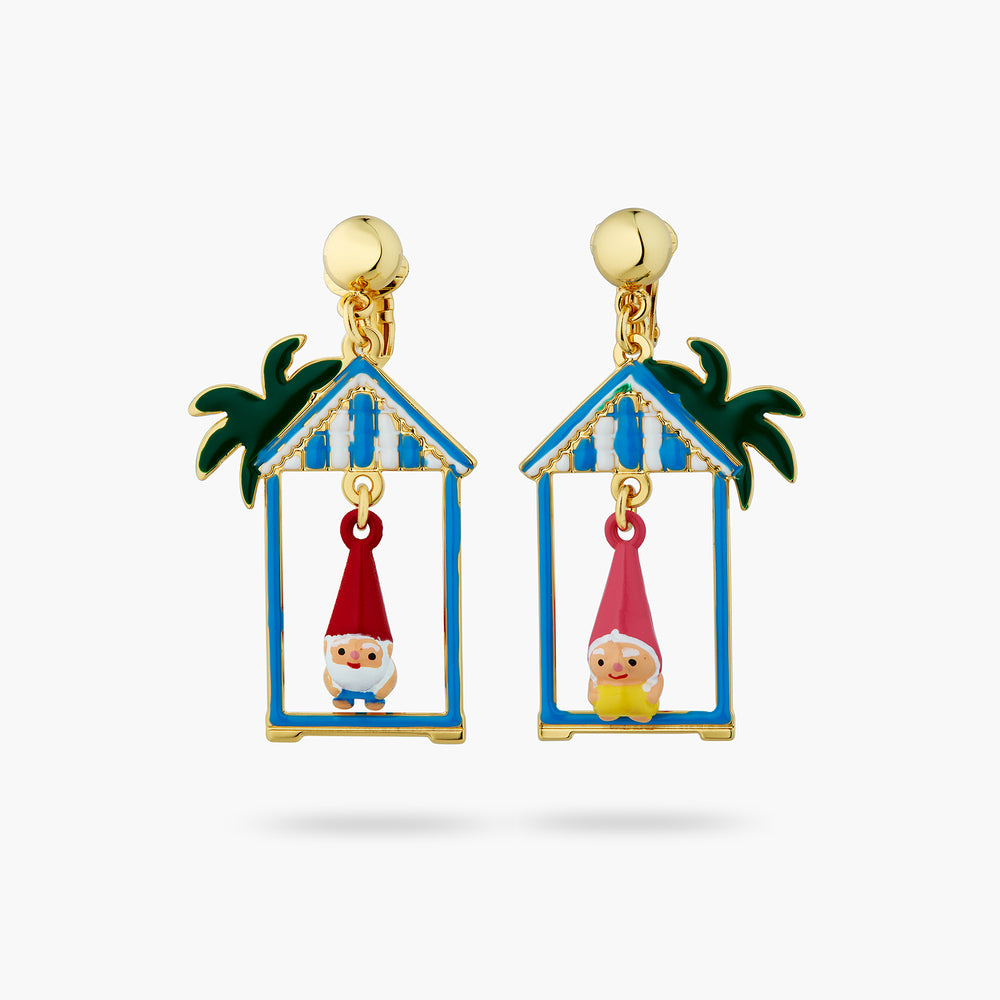 Toadstool Family Couple and Beach Hut Asymmetrical Clip-On Earrings