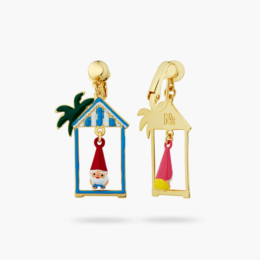 N2 Toadstool Family Couple and Beach Hut Asymmetrical Clip-On Earrings
