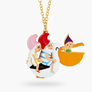 N2 Toadstool Family Couple Riding A Pelican Pendant Necklace
