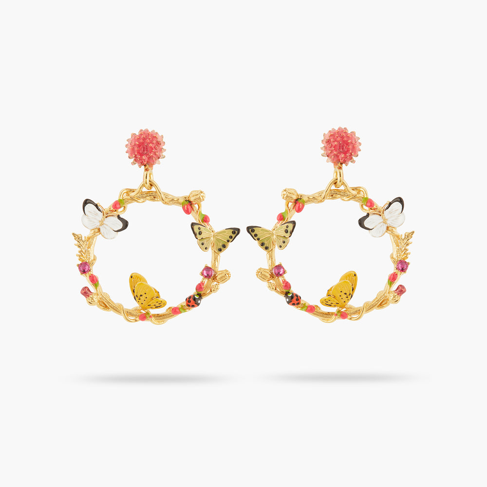 Les Néréides Loves Animals Enameled Butterfly and Vegetal Elements Dangling Post Earrings